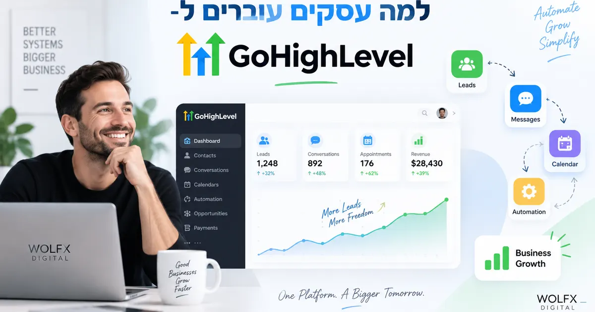 בעל עסק מחייך מול דשבורד GoHighLevel עם לידים, שיחות, פגישות והכנסה בעלייה - למה עסקים עוברים ל-GoHighLevel